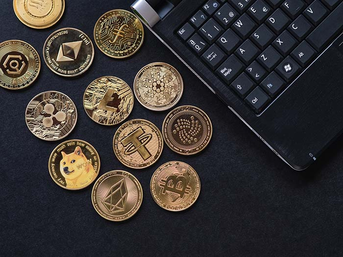 Various cryptocurrencies and a computer keyboard